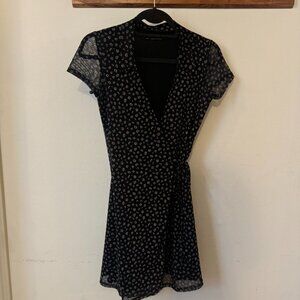 Urban Outfitters Black Floral Mesh Wrap Collared Dress